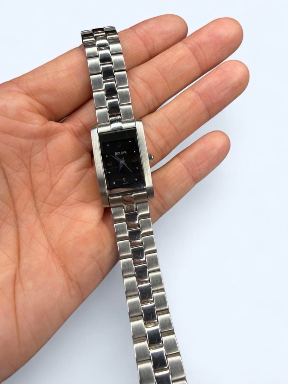 Bulova Woman’s Silver Tone Bracelet Watch with Black Dial